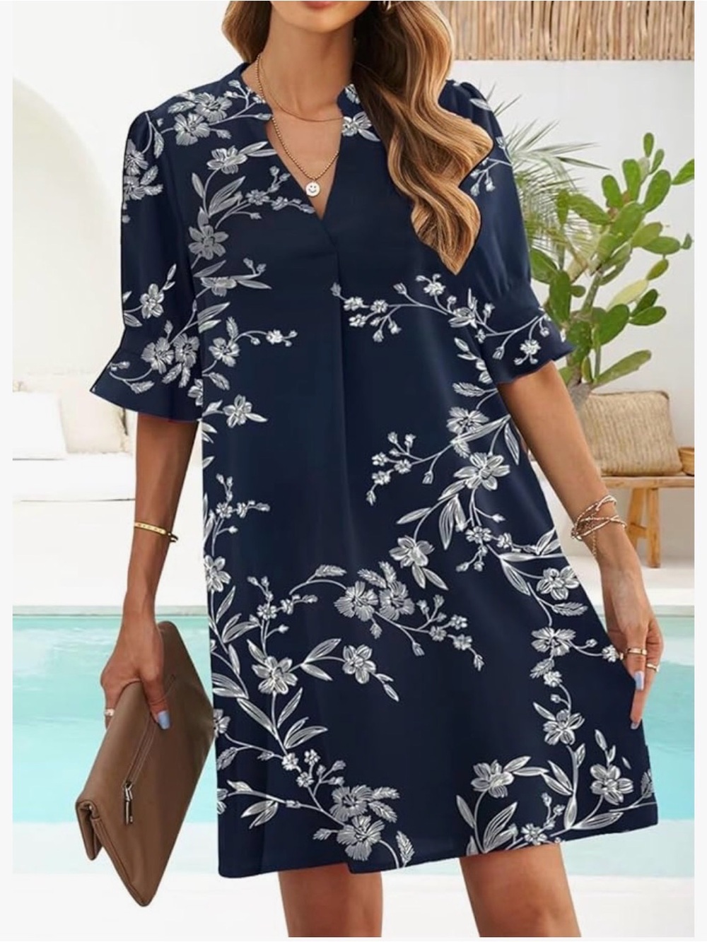 Amazon Navy & White Floral V-Neck Midi Dress